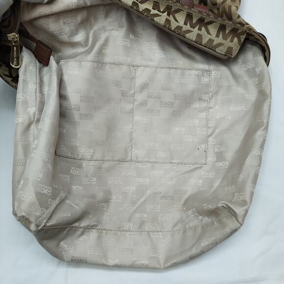 Michael Kors Brown Canvas Leather Trim MK Printed Double Handle Zipper Tote Bag - Picture 13 of 16